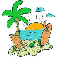 Beach palm wave vintage illustration artwork vector
