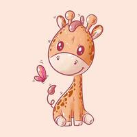 Cute giraffe sitting with butterfly in cartoon style vector