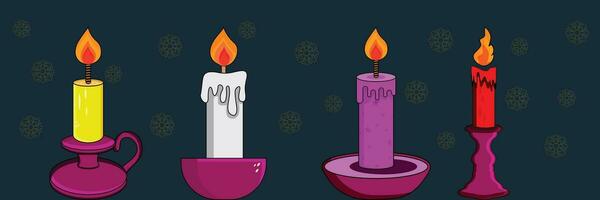 Burning candle. Decorative burning candle in holder. Candlelight flame vector set.