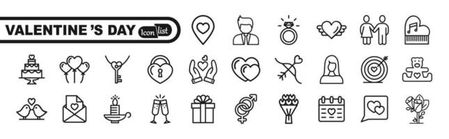 Valentines Day simple black line icons vector set