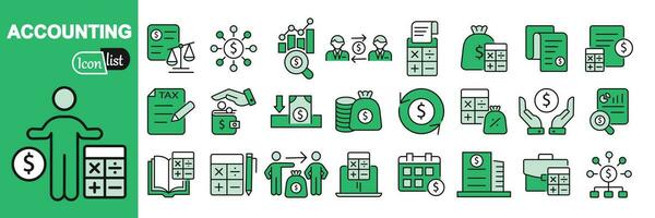 Accounting icon set. Containing financial statement, accountant,  invoice, tax calculator, business firm,  income and balance sheet icons. vector