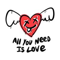 All you need is love with smile heart applied with black spray on white background. The heart laughs. Urban Street art Romantic style. Print for T-shirt, sweatshirt, poster. Vector illustration.