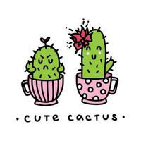 Two cute cartoon color cactus plant with happy and angry face vector illustration set. Doddle can be used for cards, invitations or like sticker