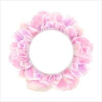 White round banner with pink photo realistic flowers. Spring season. Elegant luxury vector design. Floral circle frame for greeting card