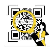 QR code. A woman points a magnifying glass at a qr code and sees a link to a website vector