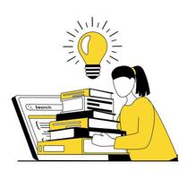 Online education. A woman pulls books out of her laptop, a light bulb burning above her vector