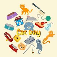 Bundle Element Cat Day Style Doodle. Vector Illustration