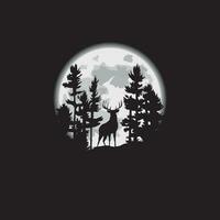 Deer forest with moon, silhouettes of deer and the forest, vector illustration template