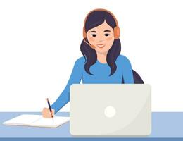 Online learning at home. Smiling student sitting at a table with a laptop, wearing headphones and writing in a notebook. Concept of online education. Vector illustration.