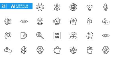 Set of outline icons Artificial intelligence.Set of line icons machine learning. Minimalist thin linear web icon set. Vector icons AI. Simple line art style icons.