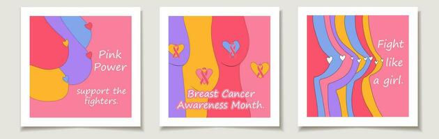 Set of breast cancer day cards with Set Colorful illustrations of breasts. October is Cancer Awareness Month. vector