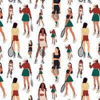 Seamless pattern with Colorful sportswomen big tennis player. Professional sports female holding racket and hitting ball isolated on white. Girl character in trendy sportswear vector