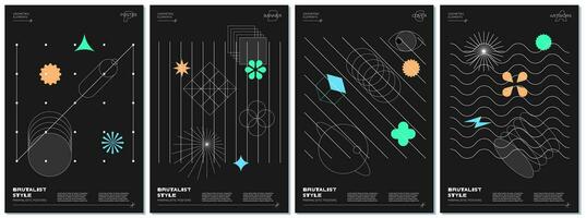 Trendy abstract brutalism poster set with memphis geometric shapes on black background. Modern brutalist style minimal prints design with simple graphic elements. Brutal y2k print vector eps templates