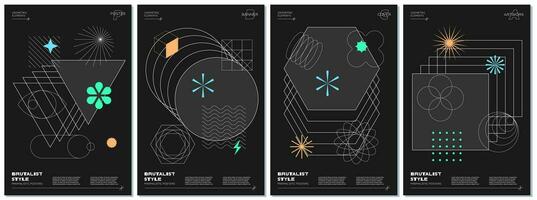 Trendy abstract brutalism poster set with different geometric shapes on black background. Modern brutalist style minimal prints with simple figures and graphic elements. Brutal y2k vector eps prints