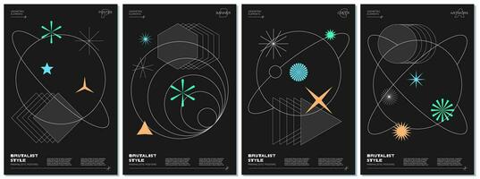 Abstract brutalism poster set with geometric linear planets and memphis shapes on black space background. Modern brutalist style minimal simple graphic prints. Brutal trendy y2k design vector design