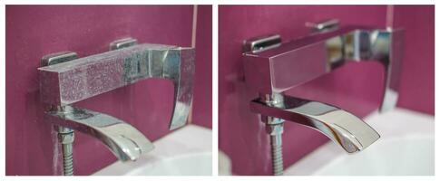 Mixer before and after applying the cleaning agent. Dirty with a coating and a clean faucet. Collage photo