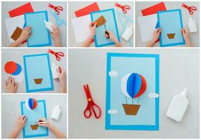 Balloon step by step instructions from colored paper. DIY concept. Step by step photo instruction. Application. Collage