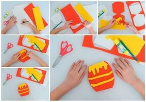 A barrel of honey step by step instructions made of felt. DIY concept. Step-by-step photo instructions.Application. Collage