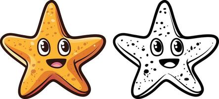 estrella pescado dibujos animados vector ilustración, naranja mar estrella con un contento cara dibujos animados valores vector ilustración, de colores y negro y blanco línea Arte