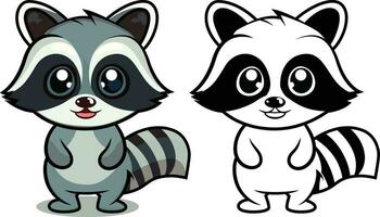 cute racoon vector illustration baby racoon masccot character colored and black and white vector image
