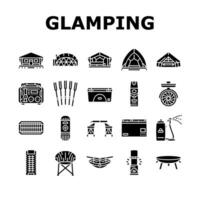 glamping tent nature luxury icons set vector