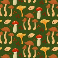 Autumn Pattern With Mushrooms. Forest Background In Earthy Tones. Vector Illustration In Flat Style