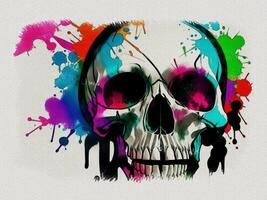 Watercolor colorful graffiti skull art illustration on white paper texture background photo