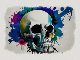 Watercolor colorful graffiti skull art illustration on white paper texture background photo