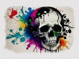 Watercolor colorful graffiti skull art illustration on white paper texture background photo