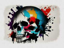 Watercolor colorful graffiti skull art illustration on white paper texture background photo