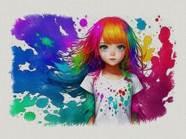 Watercolor cute girl with colored art illustration on white paper texture background photo