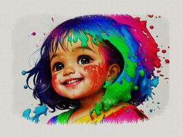 Watercolor colorful cute girl face illustration on white paper texture background photo