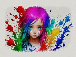 Watercolor cute girl with colored art illustration on white paper texture background photo