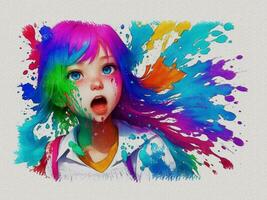 Watercolor cute girl with colored art illustration on white paper texture background photo