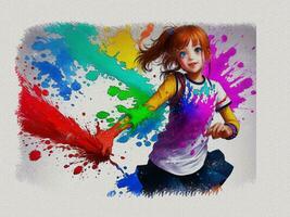 Watercolor cute girl with colored art illustration on white paper texture background photo