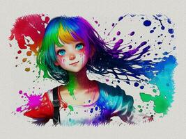 Watercolor cute girl with colored art illustration on white paper texture background photo