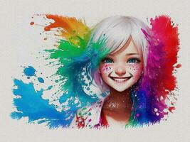 Watercolor cute girl with colored art illustration on white paper texture background photo