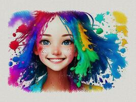 Watercolor cute girl with colored art illustration on white paper texture background photo