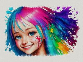 Watercolor cute girl with colored art illustration on white paper texture background photo