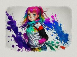 Watercolor cute girl with colored art illustration on white paper texture background photo