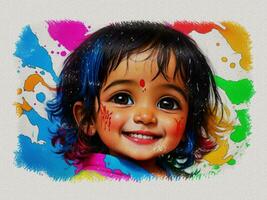 Watercolor colorful cute girl face illustration on white paper texture background photo