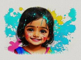 Watercolor colorful cute girl face illustration on white paper texture background photo