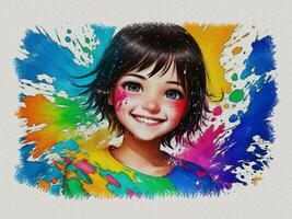 Watercolor cute girl with colored art illustration on white paper texture background photo