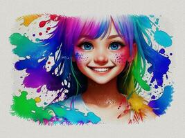 Watercolor cute girl with colored art illustration on white paper texture background photo