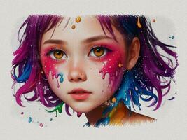 a girl with colorful hair and paint splatters photo