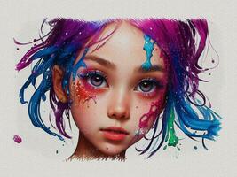 a girl with colorful hair and paint splatters photo