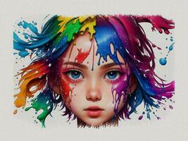 a girl with colorful hair and paint splatters photo