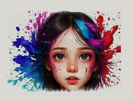 a girl with colorful hair and paint splatters photo