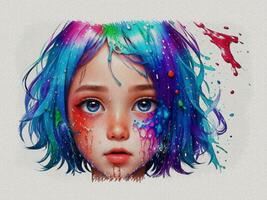 a girl with colorful hair and paint splatters photo