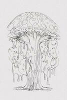 A hand-drawn sketch of a mushroom outline illustration on white texture background photo